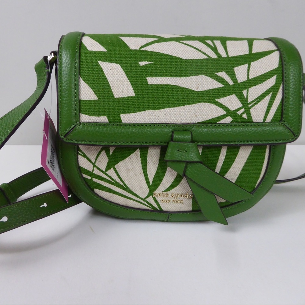 Kate Spade New York Medium Leather Saddle Bag Green Tropical Palm Fronds NWT